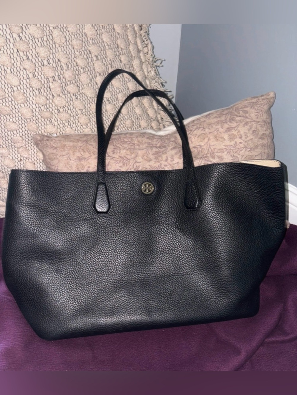 Tory Burch Black Pebbled Leather Large Tote with Logo Medallion
